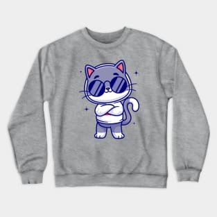 Cute Cool Cat Wearing Eyeglasses And Hoodie Cartoon Crewneck Sweatshirt